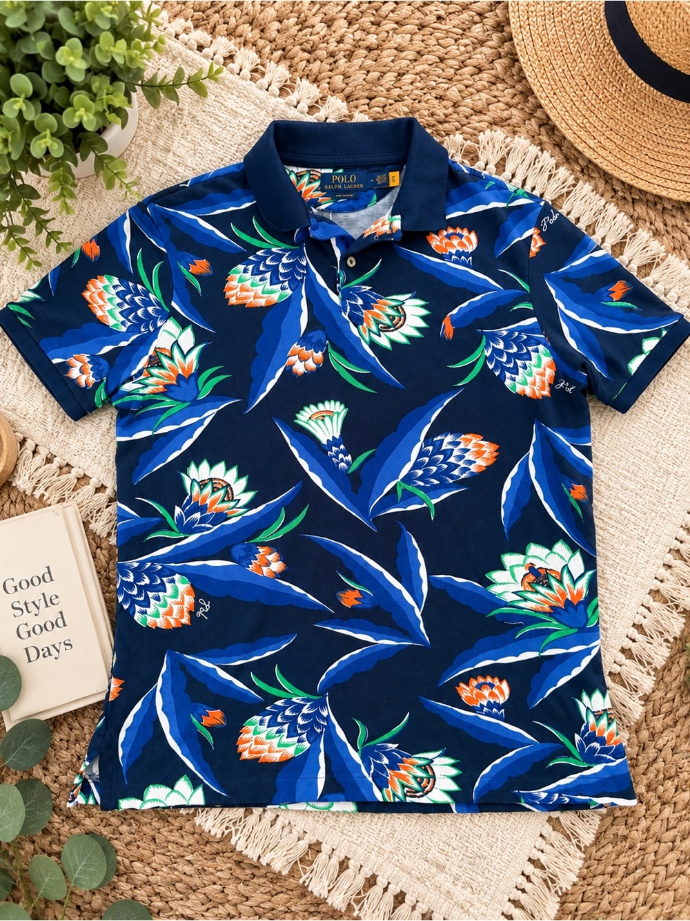 Polo Ralph Lauren Men’s M Tropical Floral Classic Fit Polo Shirt Navy Blue